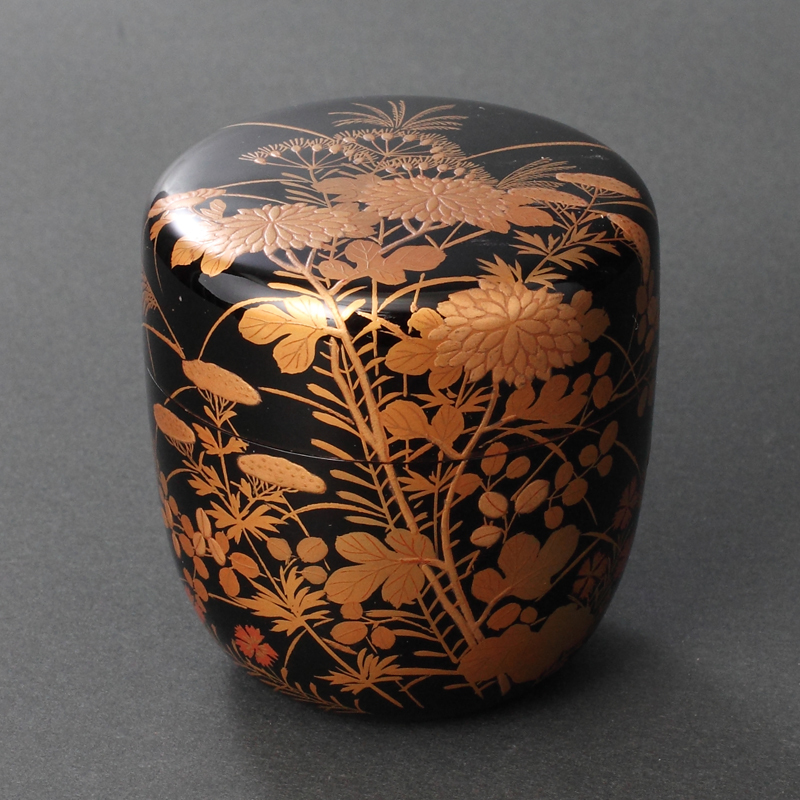 七代中村宗哲　秋草蒔絵黒中棗