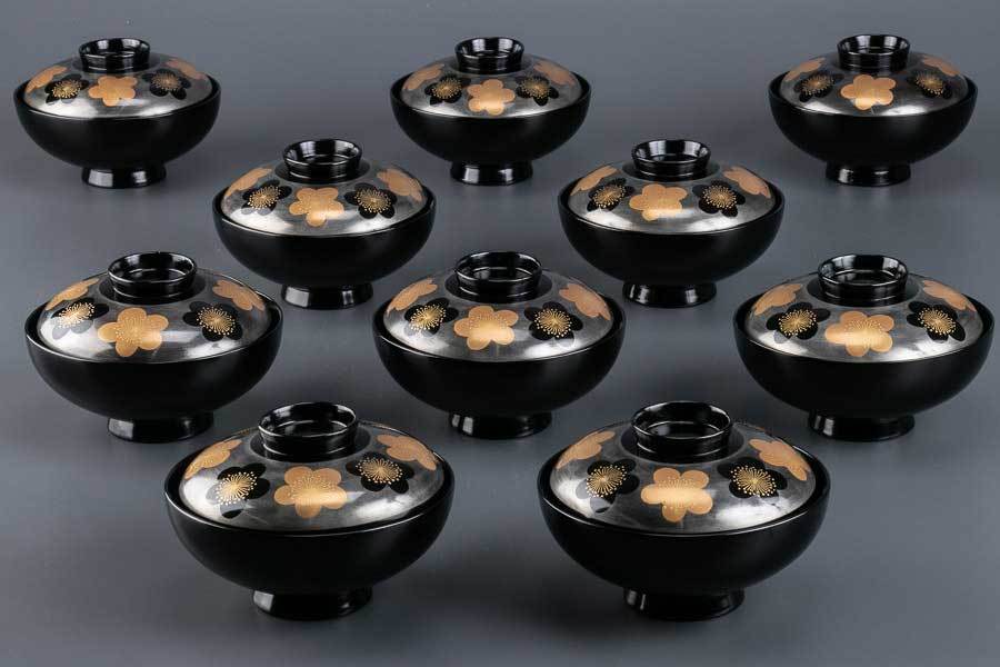 本堅地漆塗 蒔絵梅文吸物碗 10客